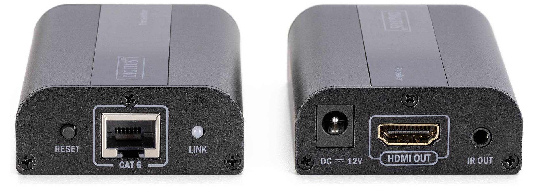 Zwei Geräte zeigen Vorder- und Rückseite: Links ein CAT6-Ethernet-Anschluss, rechts ein HDMI-Ausgang mit Netzteilanschluss.