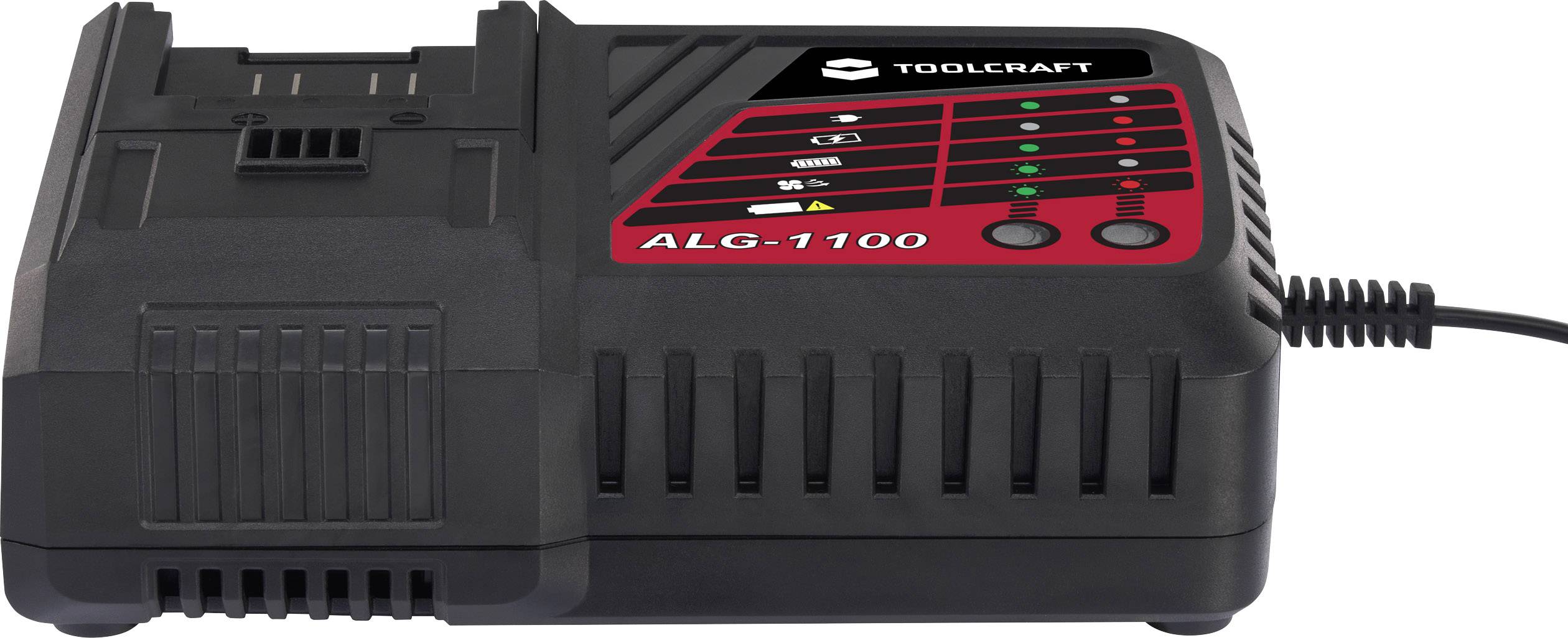 Schwarzes Ladegerät mit rotem Bedienfeld und Ladeanzeige. Markenname oberhalb der Kontrollelemente sichtbar. Kabel rechts angeschlossen.