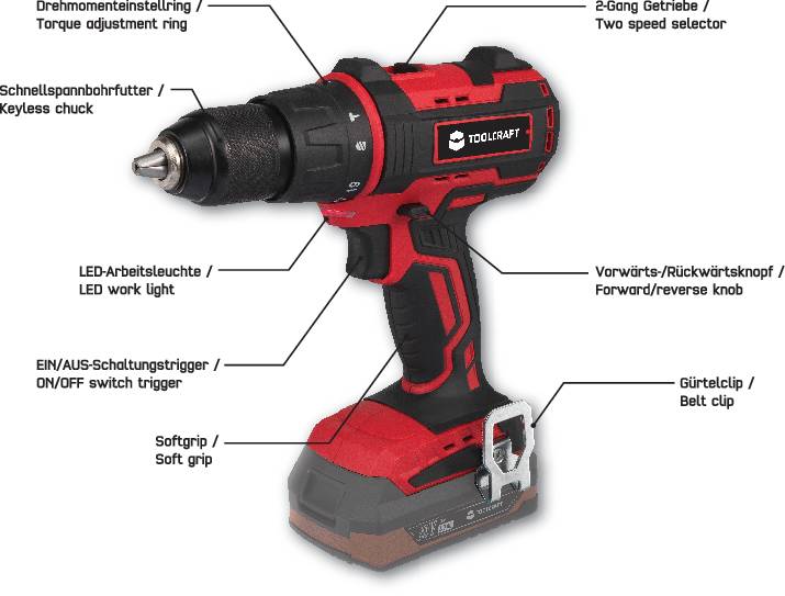 TOOLCRAFT ASBS-800A / TAWB-200 2-Gang-Akku-Schlagbohrschrauber bürstenlos, ohne Akku, ohne Ladegerät, inkl. Akku-Bohrschrauber