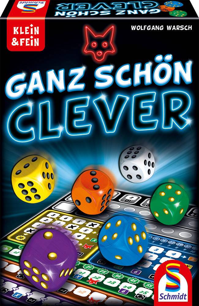 Ein Spielbrett mit sechs verschiedenfarbigen Würfeln und dem Titel 'Ganz Schön Clever'. Brettspiel von Wolfgang Warsch.