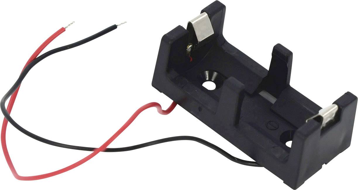 Batteriehalter aus schwarzem Kunststoff für eine AA-Batterie, mit roten und schwarzen Anschlussdrähten.