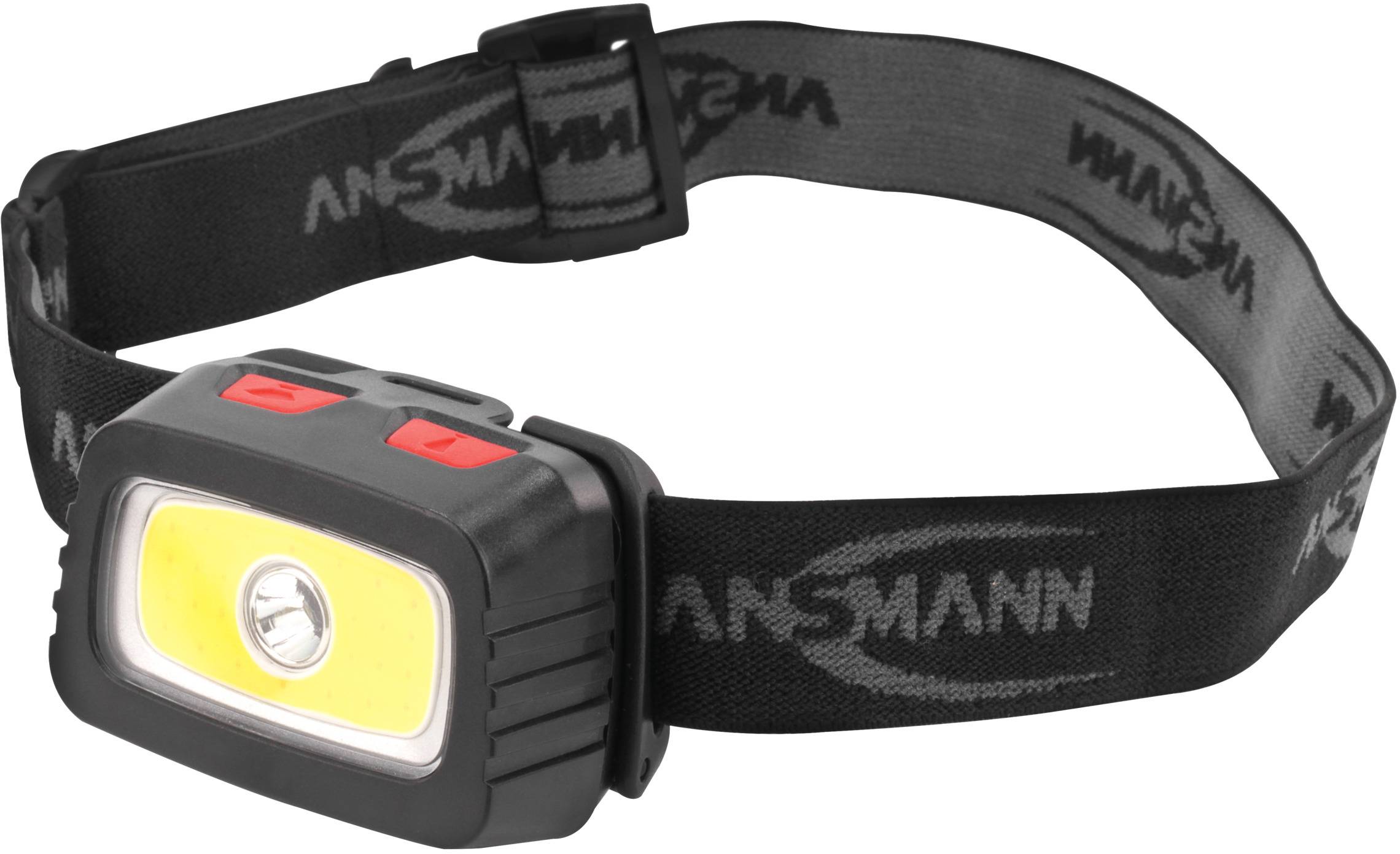 Schwarze Stirnlampe mit verstellbarem Band und zwei roten Knöpfen, geeignet für freihändiges Arbeiten in dunklen Umgebungen.