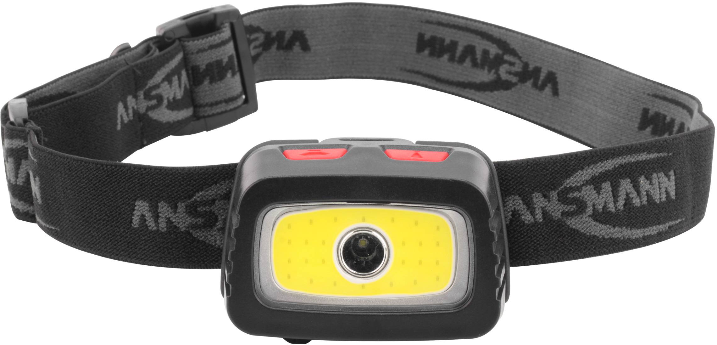 Stirnlampe mit schwarzem Band, zwei roten Knöpfen oben und einer zentralen LED-Lichtquelle.