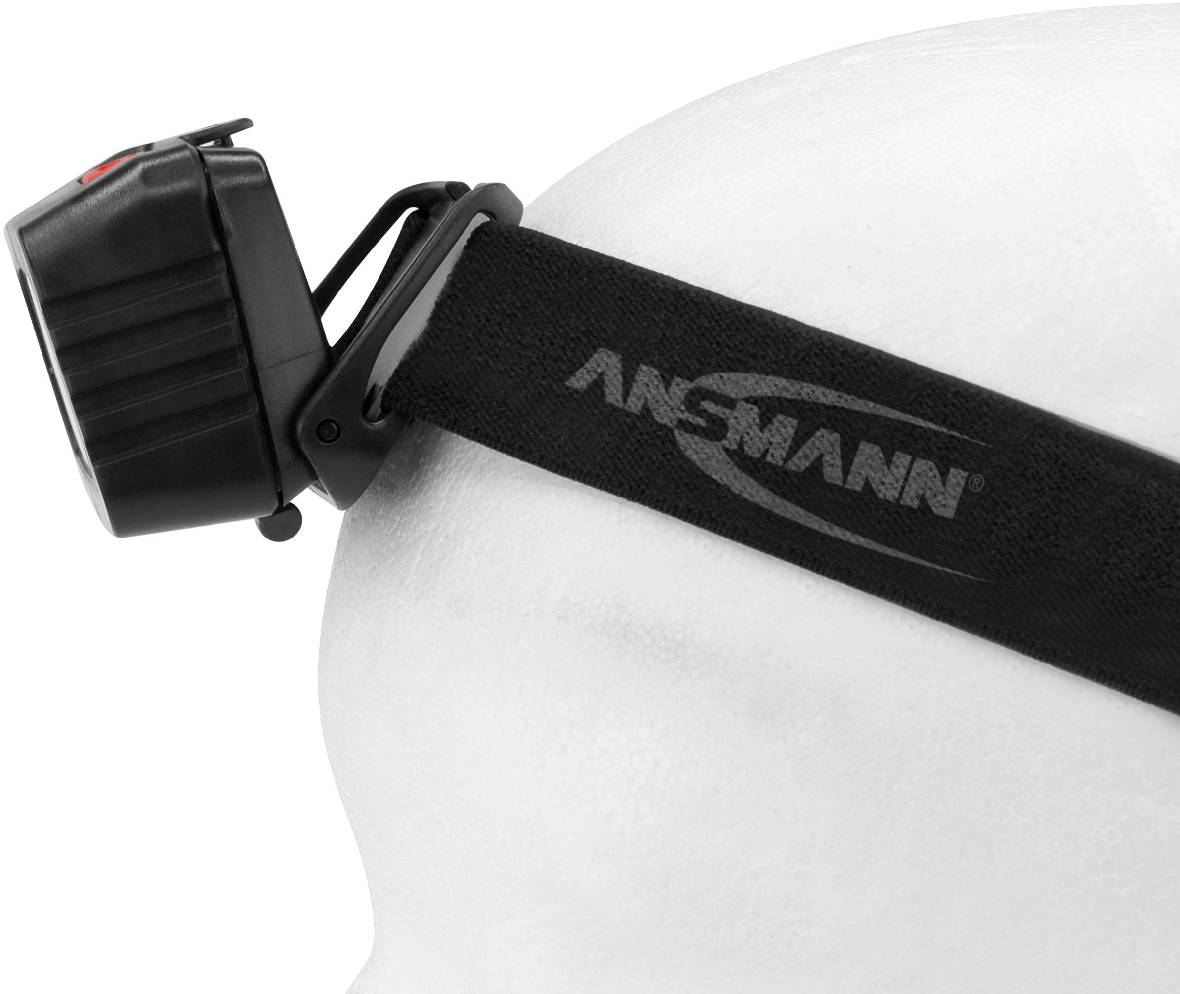 Stirnlampe mit schwarzem Band und verstellbarem Winkel, auf weißem Hintergrund.