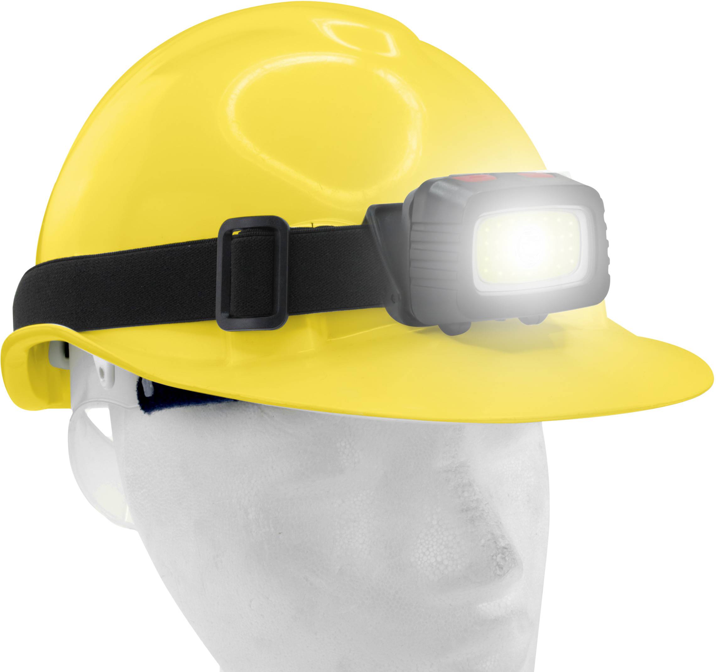 Gelber Schutzhelm mit Stirnlampe, die aktiv leuchtet, befestigt; für Sicherheits- und Bauarbeiten geeignet.