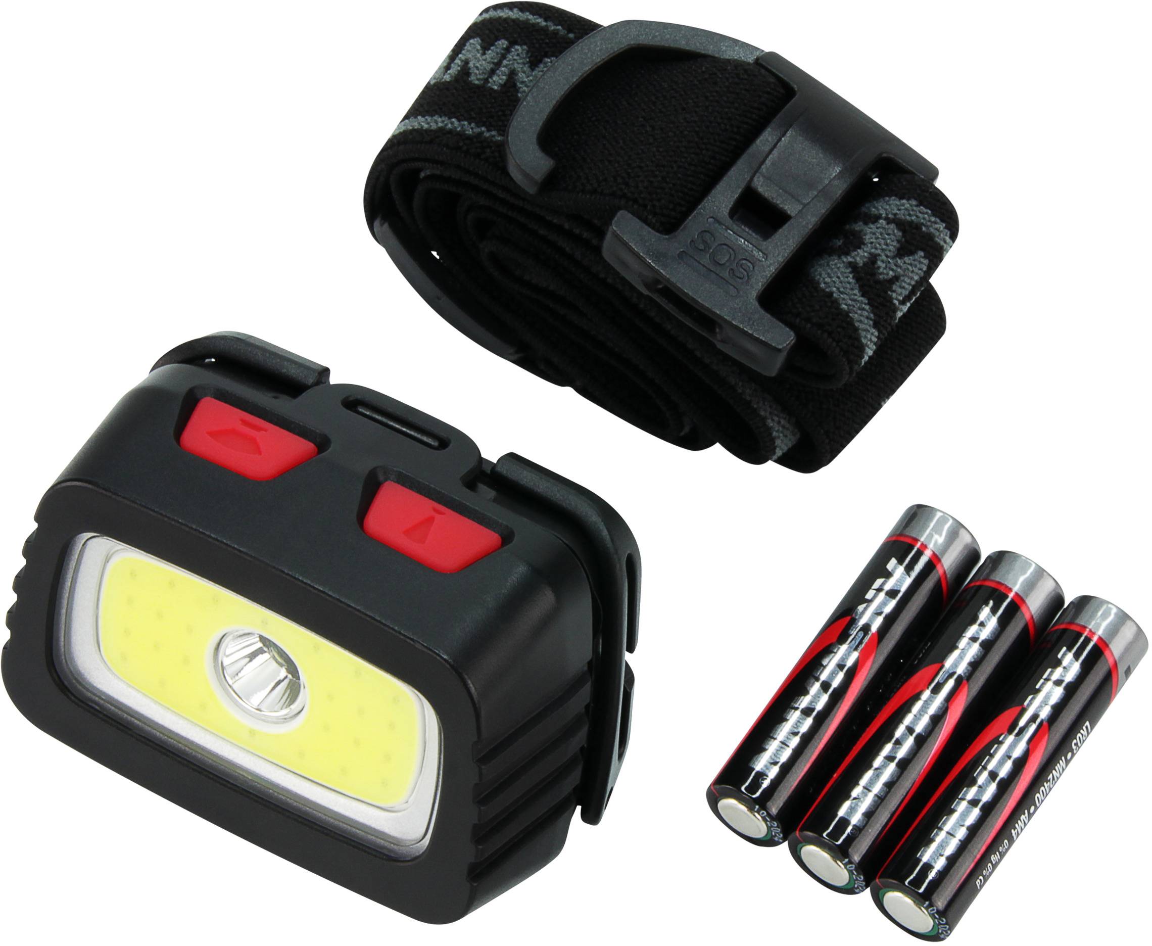 LED-Stirnlampe mit elastischem Band und drei AA-Batterien.