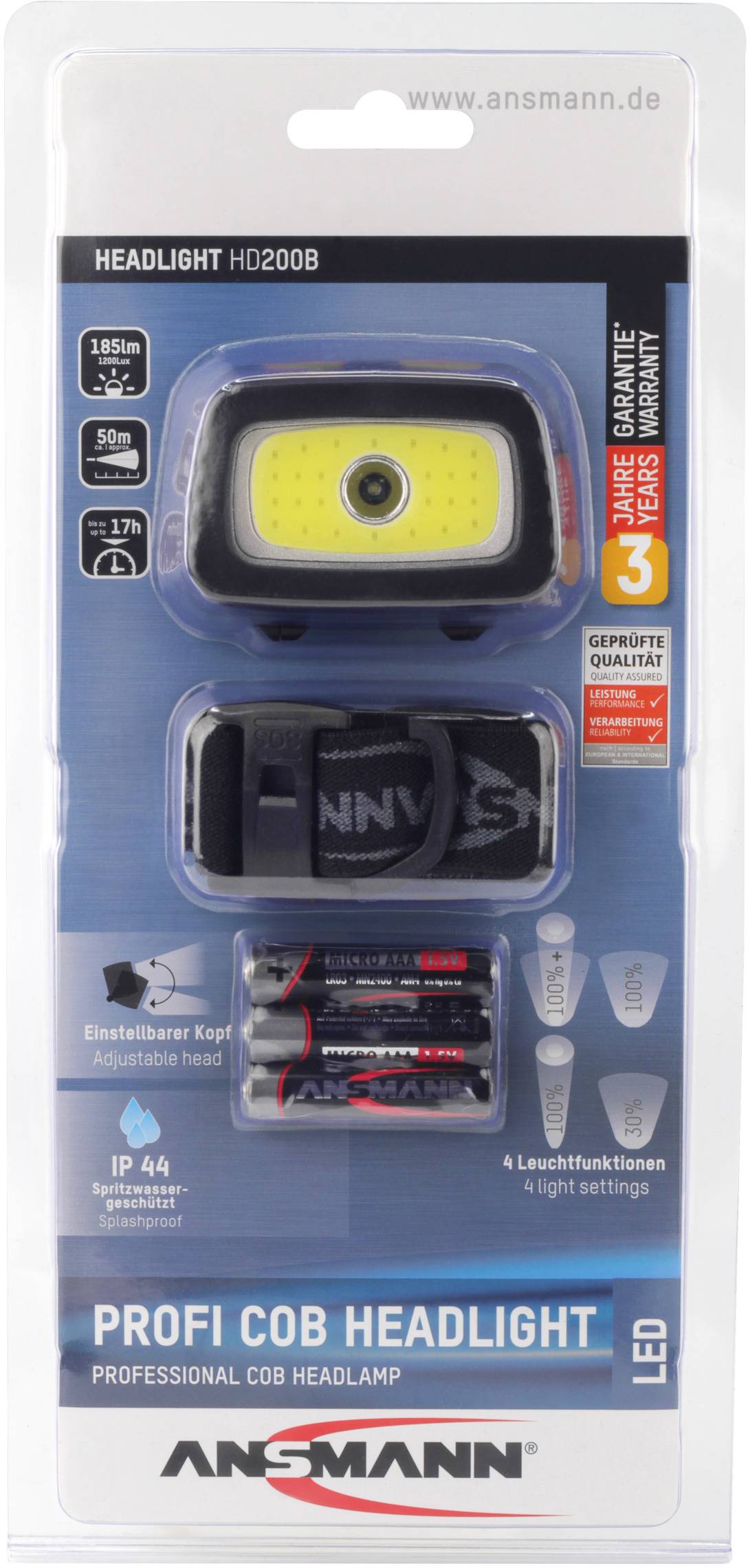 Ansmann HD200B LED Stirnlampe batteriebetrieben 185 lm 15 h 1600-0198