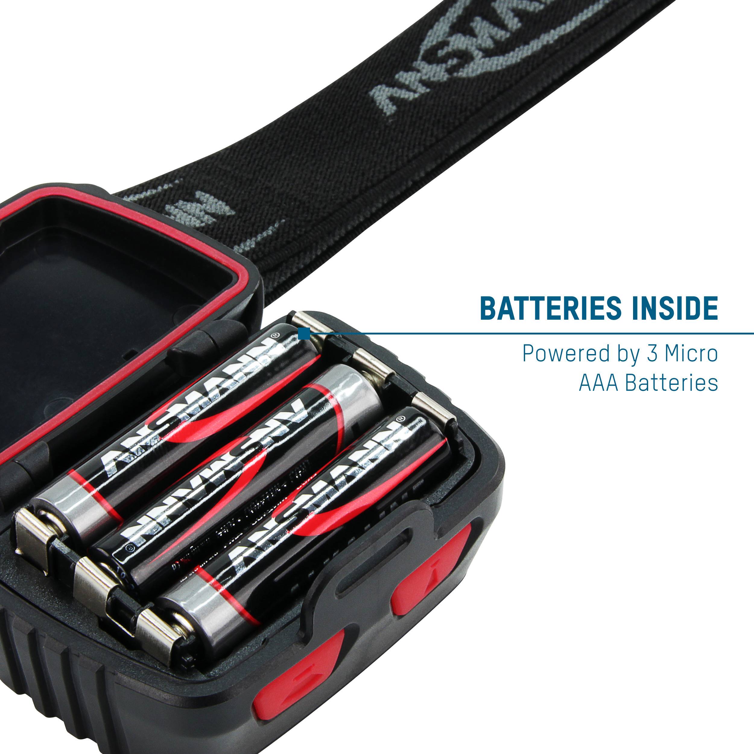 Eine offene schwarze Packung mit einem elektronischen Gerät, das mit drei eingelegten AAA-Batterien betrieben wird.