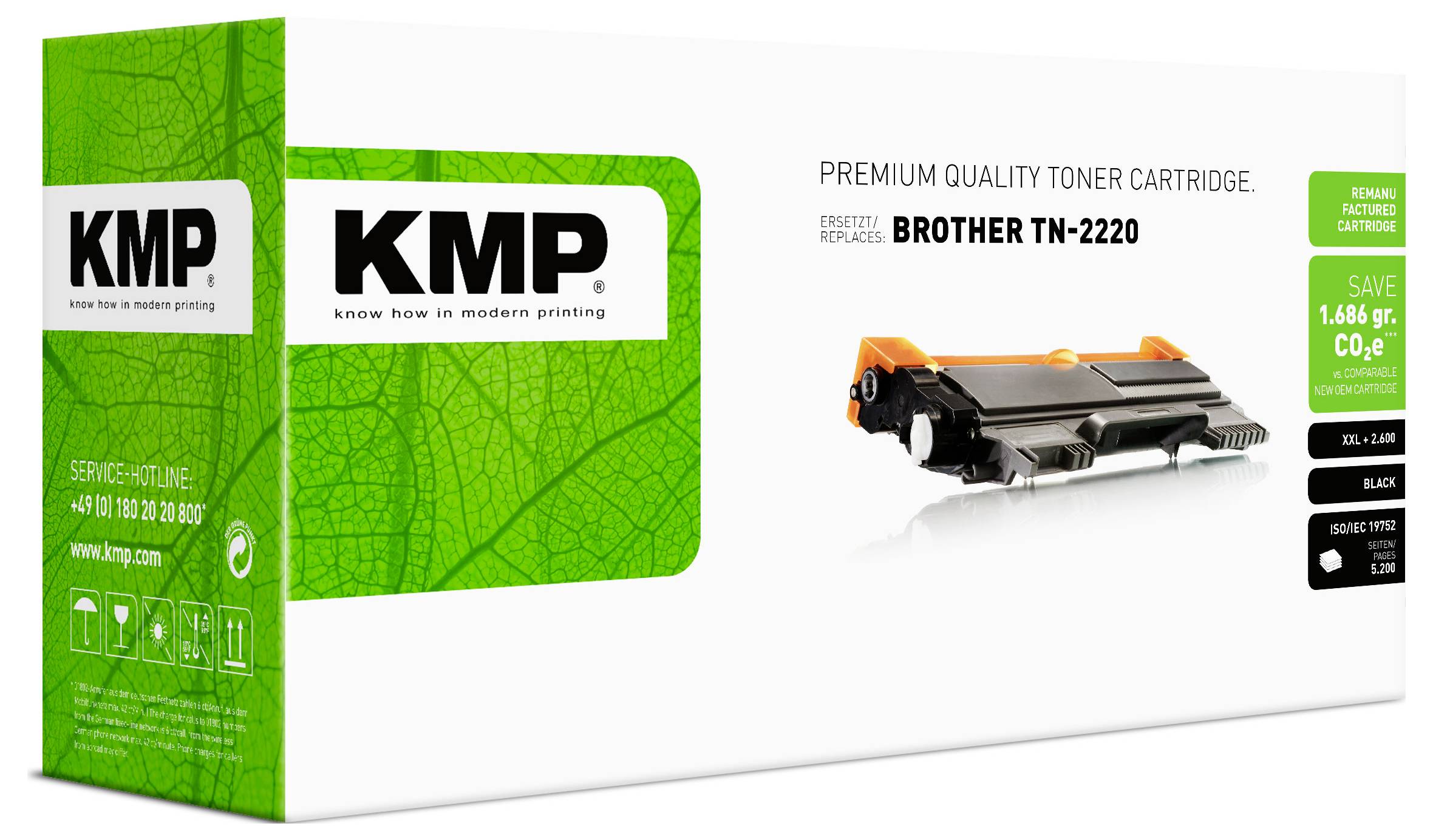KMP Premium-Qualität Tonerpatrone für Brother TN-2220, auf der Verpackung mit einer schwarzen Tonerpatronendarstellung und grüner Markenbeschriftung gezeigt.
