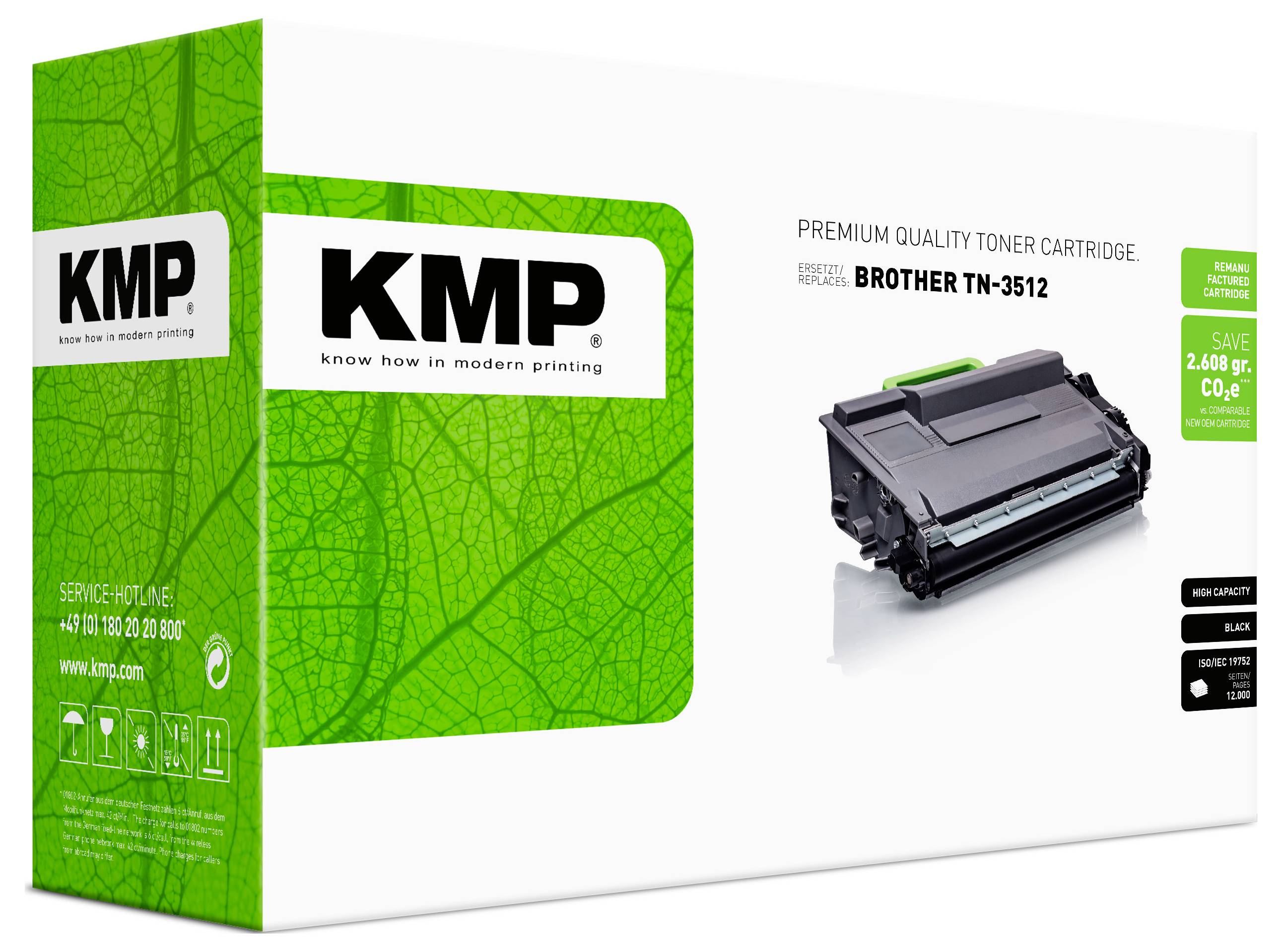 KMP Premium-Qualität Tonerkartusche für Brother TN-3512, mit schwarzer Drucktonereinheit und grüner Markenverpackung.