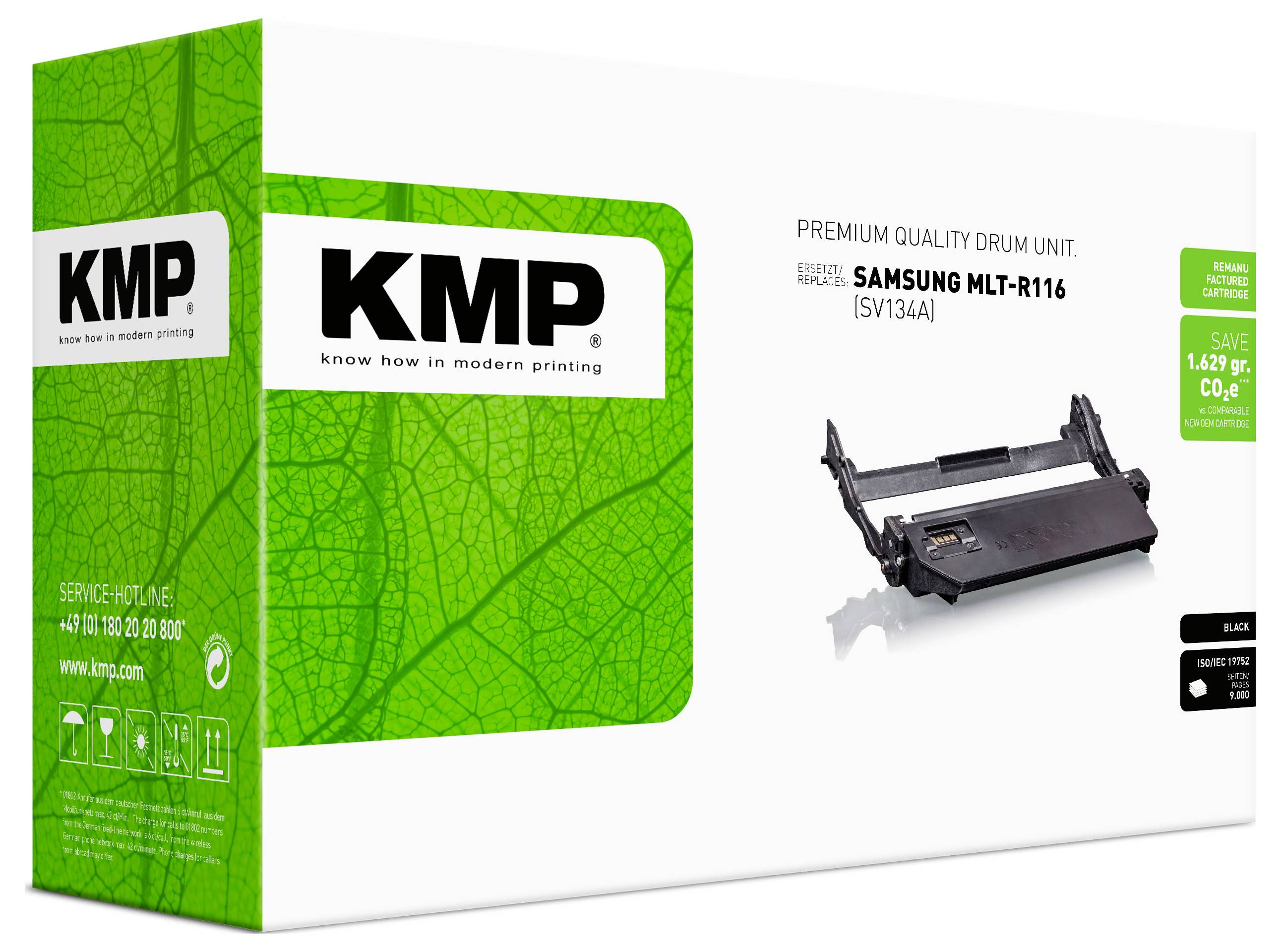 KMP Premium-Qualität Trommeleinheit Verpackung für Samsung MLT-R116, gezeigt als grün-weißes Karton mit Produktkartuschenabbildung und Kompatibilitätsetiketten.