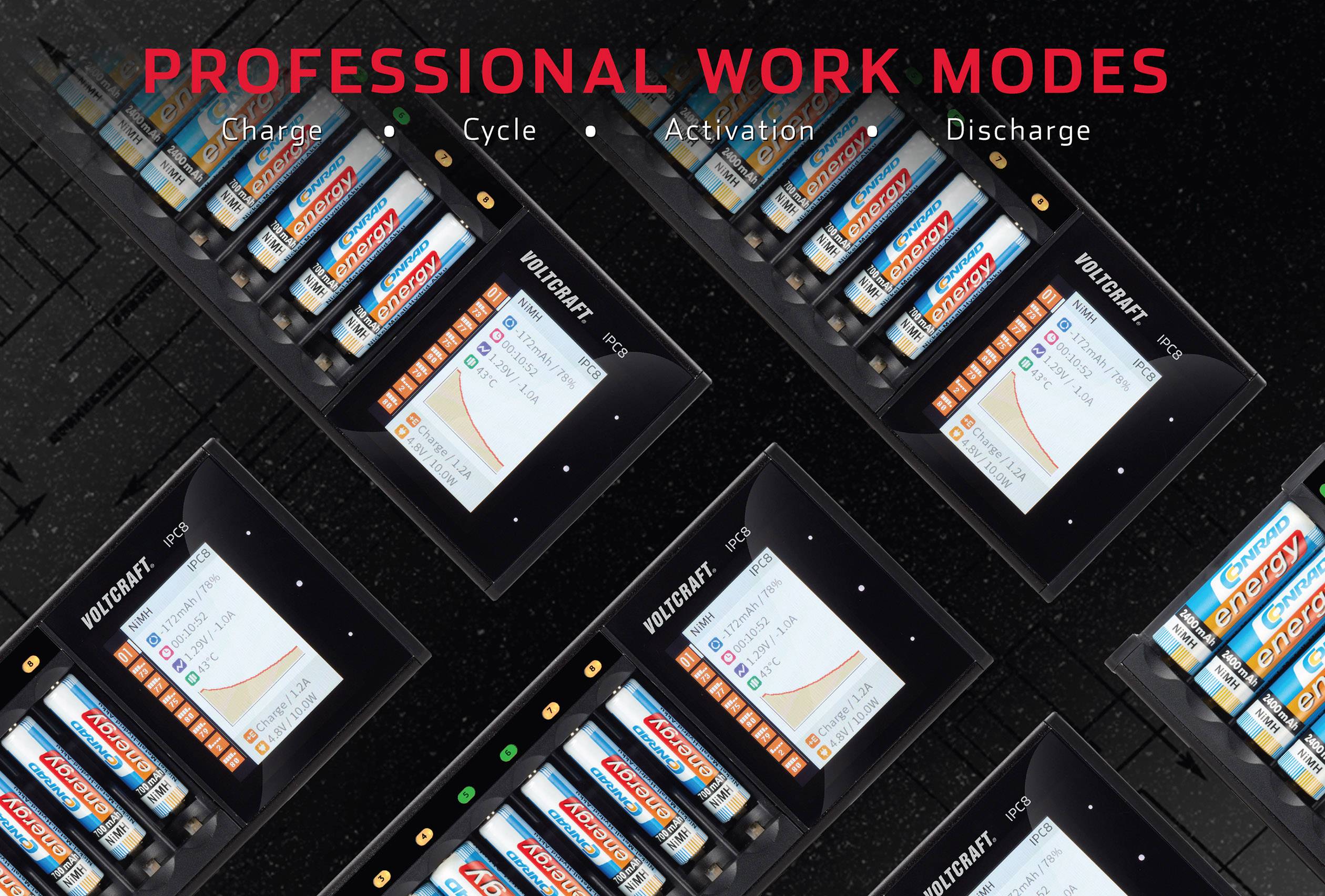 VOLTCRAFT IPC-8 Rundzellen-Ladegerät NiMH, NiCd, NiZn, LiIon, LiHV, LiFePO Mignon (AA), Micro (AAA), 14500, 10440