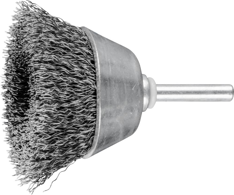 Ein runder Drahtbürstenaufsatz, hauptsächlich aus Metall, mit dichten Borsten. Geeignet zum Reinigen oder Entrosten von Oberflächen.