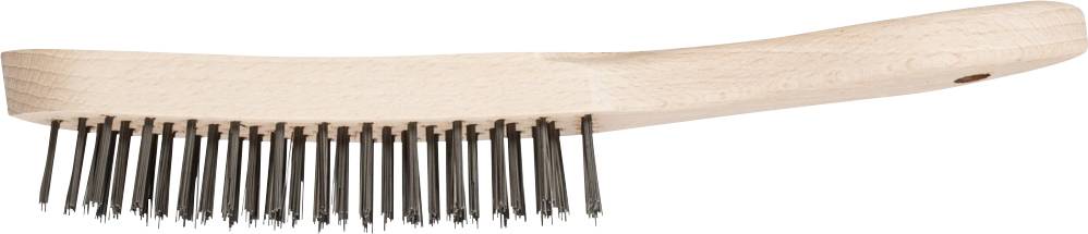 Holzgriff-Bürste mit Metallborsten, seitlich abgebildet, zur Reinigung oder Entfernung von Schmutz und Rost auf Oberflächen geeignet.