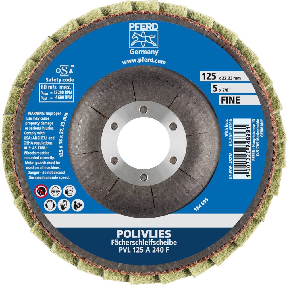 Schleifscheibe mit grünen Lamellen und Aufschrift 'POLIVLIES Fächerschleifscheibe PVL 125 A 240 F', Marke PFERD aus Deutschland.