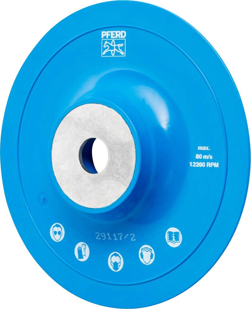 Blaue Schleifscheibe mit Aufschrift 'PFERD'. Symbole für maximale Geschwindigkeit (80 m/s, 12200 RPM) und Sicherheitssymbole sind sichtbar.