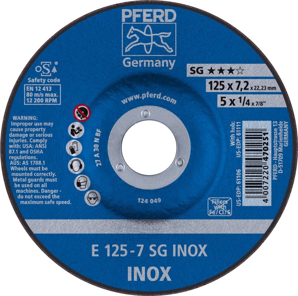 PFERD 62212623 Sg Inox Schruppscheibe gekröpft Durchmesser 125mm Bohrungs-Ø 22.23mm 10St.