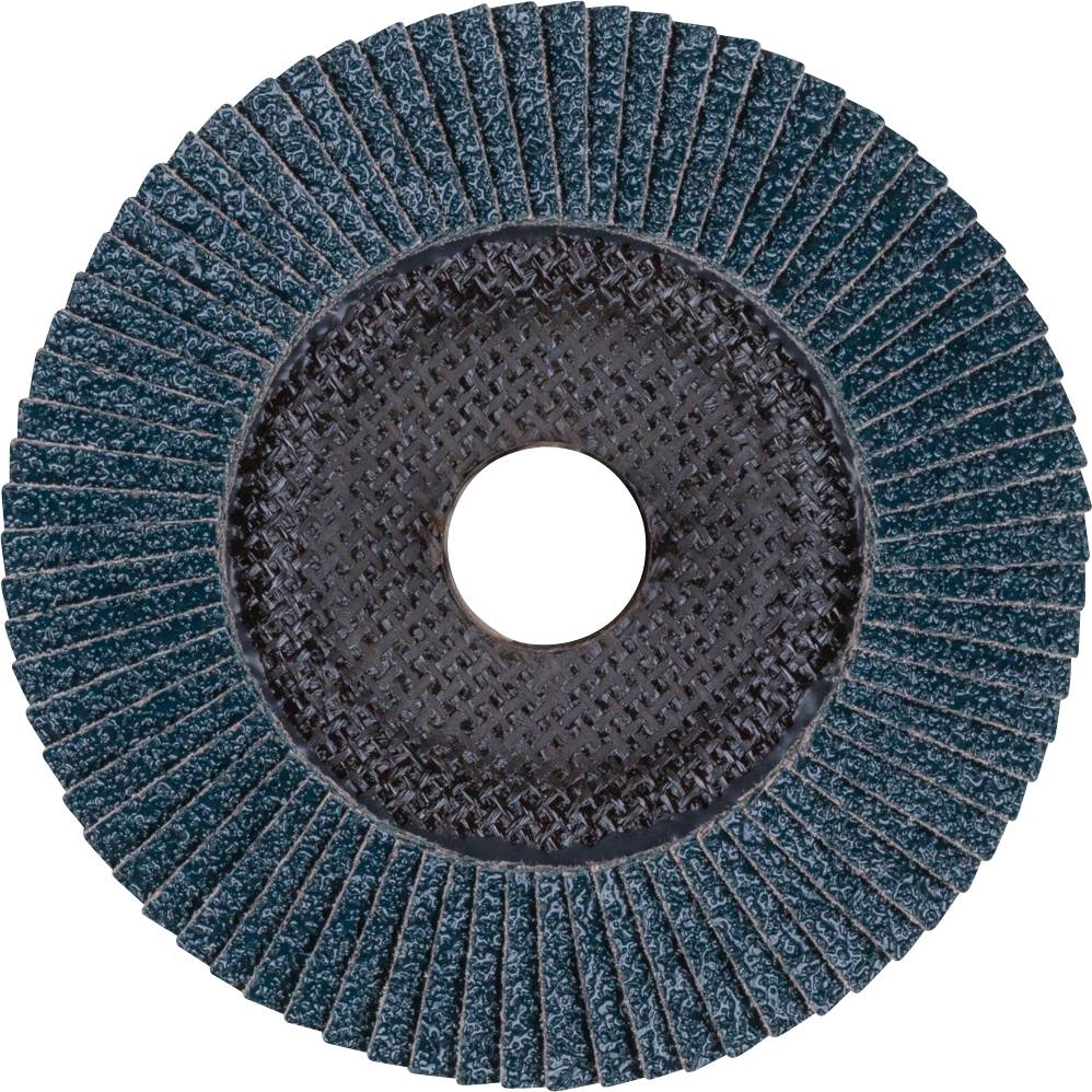 Abrasive Schleifscheibe mit radialen Lamellen, rund, dunkelgrau, Loch in der Mitte, zur Metallbearbeitung.