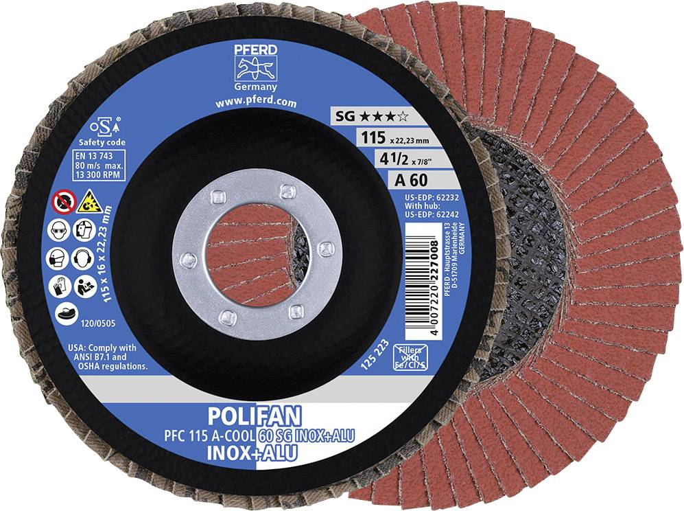 Polifan-Scheibe für Edelstahl und Aluminium, Durchmesser 115 mm, Körnung A 60, mit Safety- und Qualitätscode, PFERD Marke.