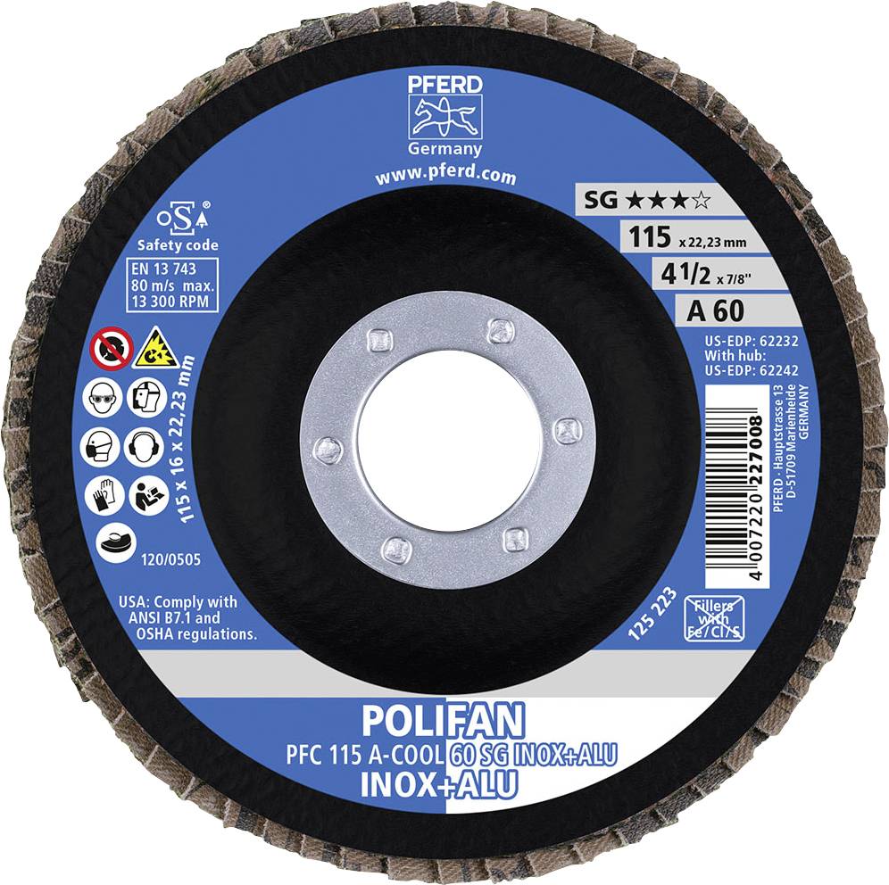 Schleifscheibe mit blauem Etikett, zentralem Metallkern und den Aufschriften: 'Polifan', 'Inox+Alu' und Spezifikationen wie Größe und Hersteller.