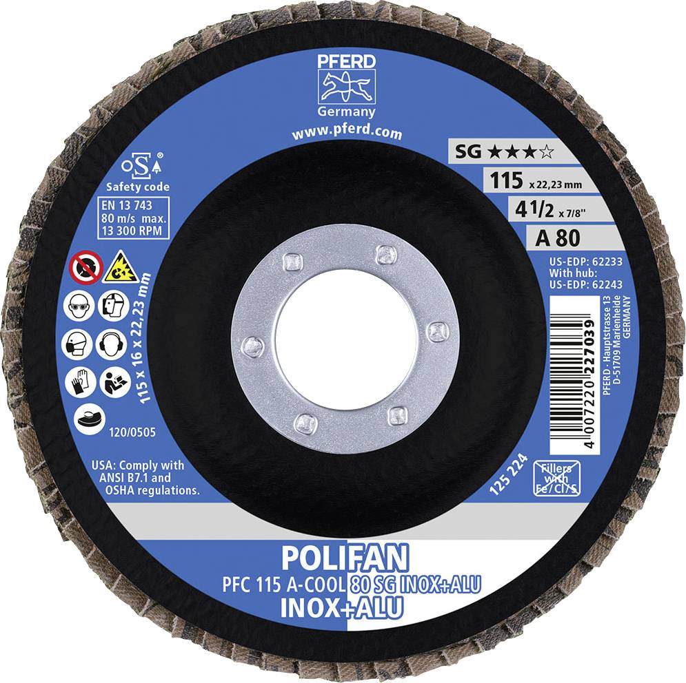 Schleifscheibe der Marke PFERD, Modell Polifan PFC 115 A-Cool 80 SG Inox+Alu. Geeignet für Edelstahl und Aluminium. Maße: 115 x 22,23 mm.