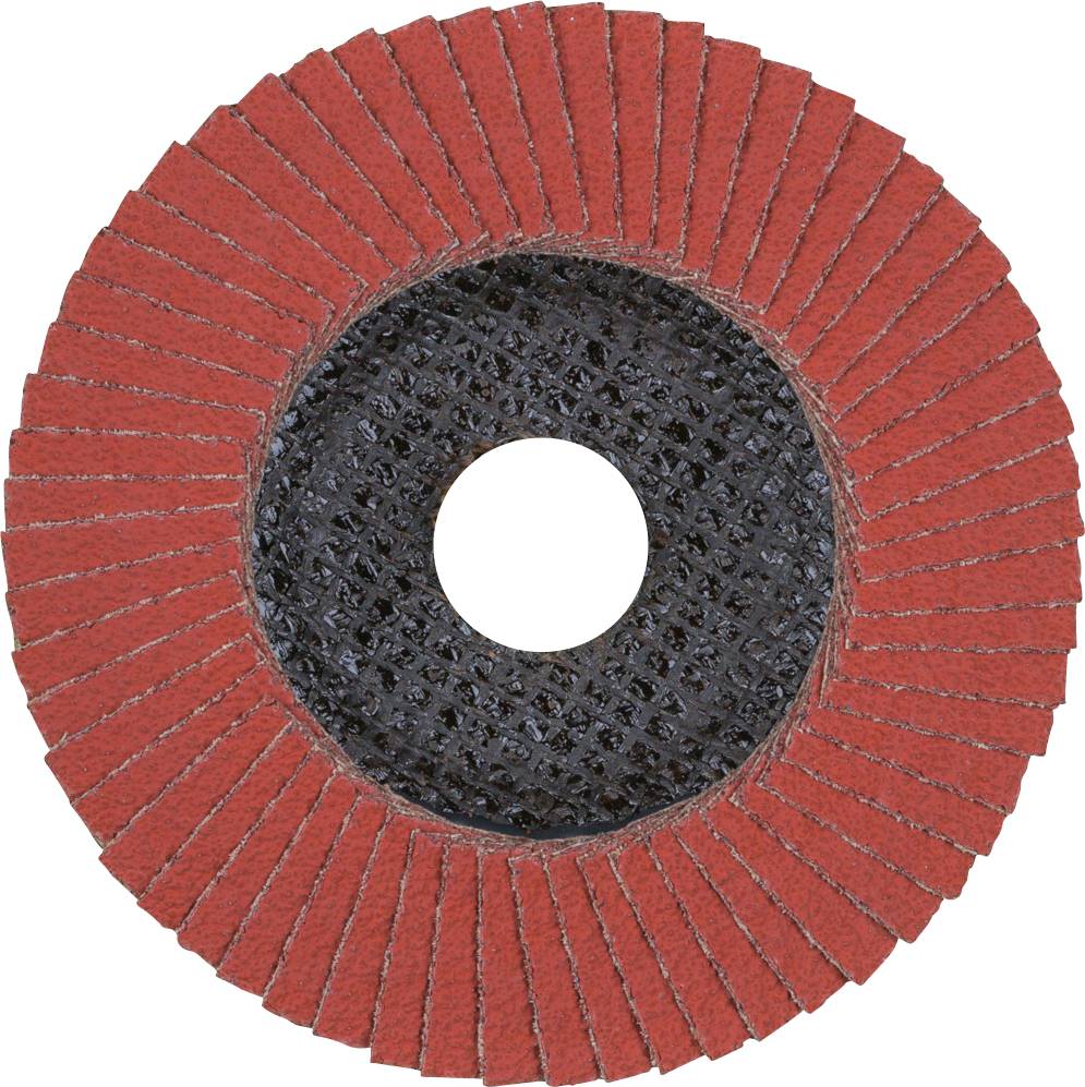 Eine rote Schleifscheibe mit Fächerform und zentralem Loch, verwendet zum Glätten oder Formen von Materialien.