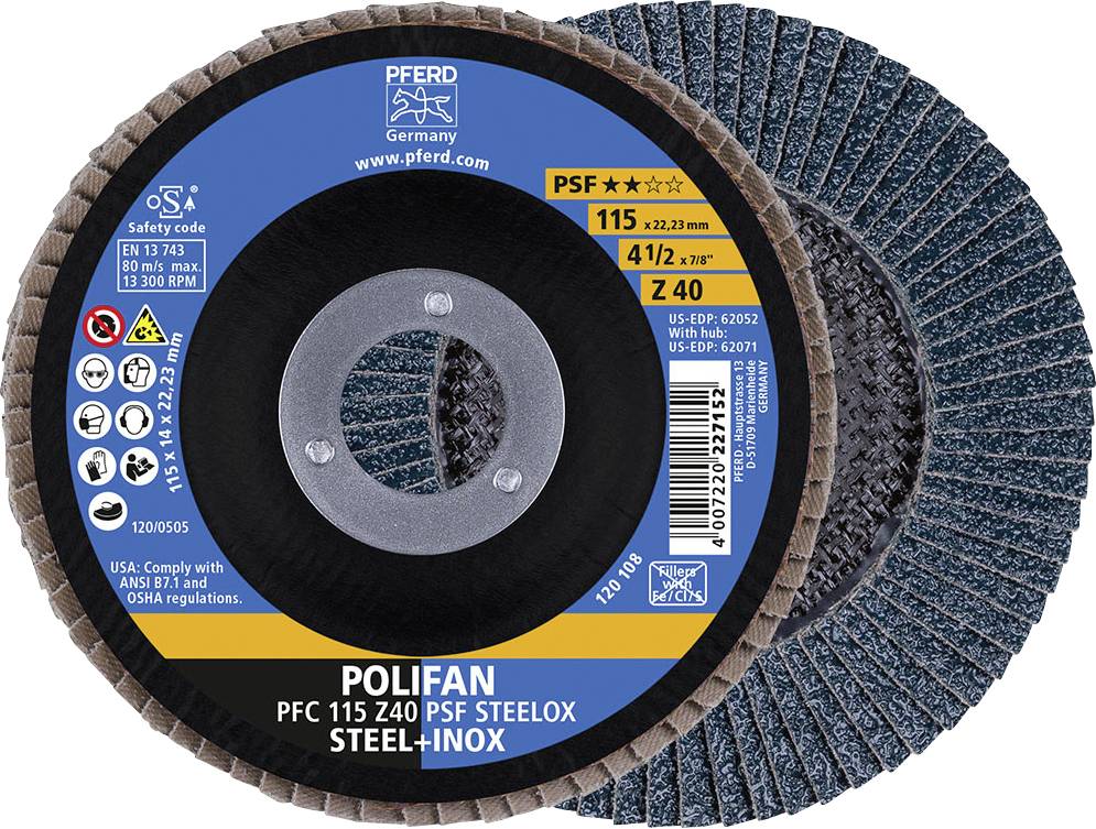 Sicht von oben auf die POLIFAN Schleifscheibe PSF 115 Z40 für Stahl und Inox mit blauem Blattmuster und Herstellerinformationen.