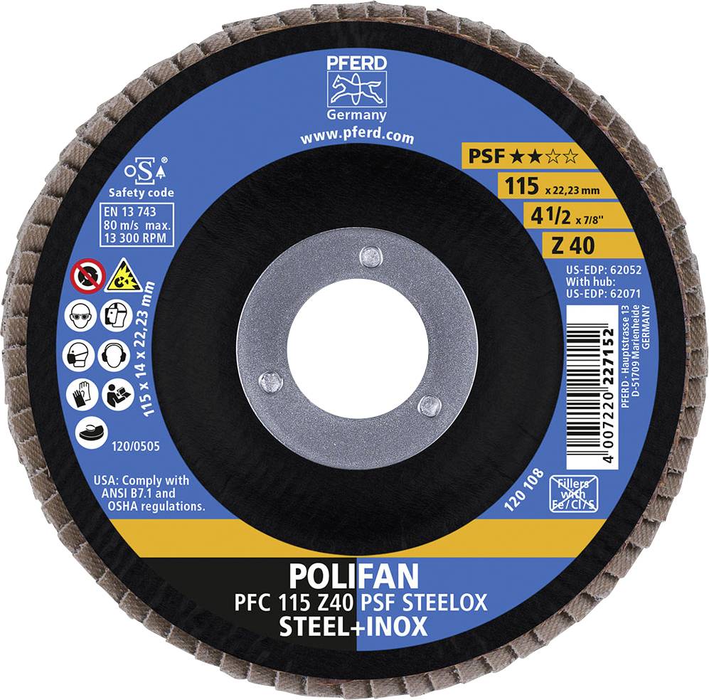 Flachschleifscheibe der Marke PFERD, Modell 'POLIFAN PSF STEELOX', speziell für Stahl und Inox, Durchmesser 115 mm, 22,23 mm Bohrung.