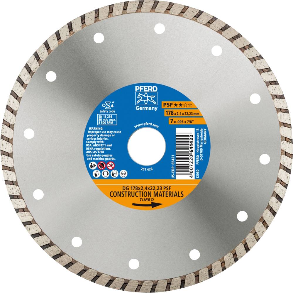 Diamantscheibe von PFERD für Bau- und Konstruktionsmaterialien, Durchmesser 178 mm, Turbo-Design, geeignet für alle Winkelschleifer.