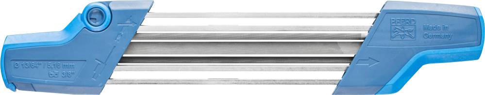 Blauer Messer-Schärfer mit drei parallelen, silbernen Schleifstangen; ergonomisch geformte Griffe auf beiden Seiten.