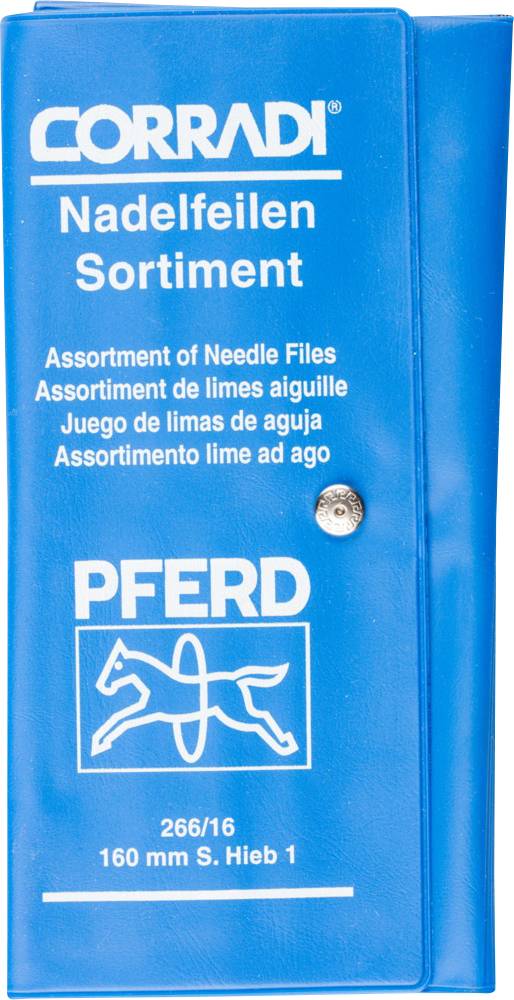 Blauer Behälter mit Aufschrift 'Nadelfeilen Sortiment'. Markenlogos von 'Corradi' und 'Pferd'. Enthält Feilen in verschiedenen Ausführungen.