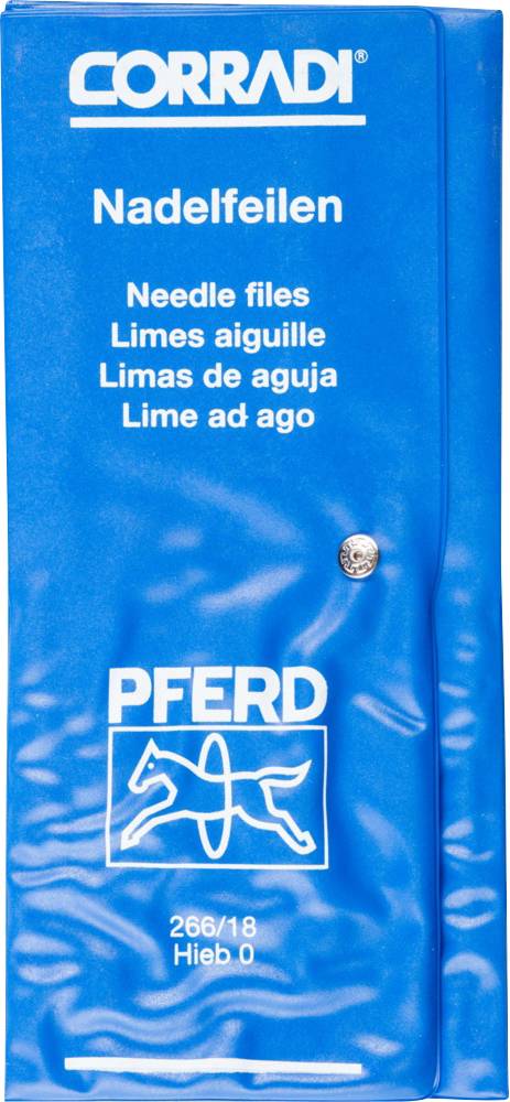 Blaues Etui mit Beschriftung 'CORRADI' und 'Nadelfeilen'. Darunter mehrsprachige Übersetzungen und ein Pferdesymbol mit Zahlen '266/18 Hieb 0'.