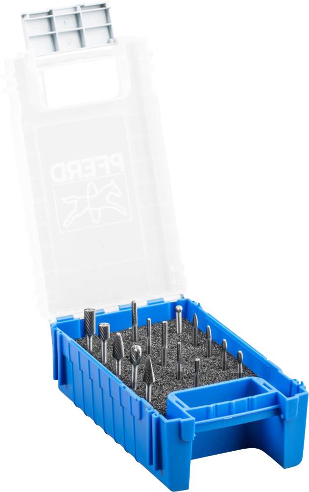 Ein blauer, geöffneter Kasten mit verschiedenen Metallfräsern auf schwarzem Schaumstoff. Der Deckel des Kastens ist transparent.