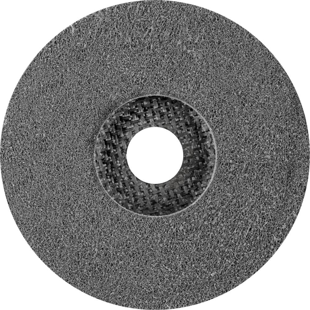 Graue Schleifscheibe mit körniger Textur und mittigem Loch. Verwendet für das Glätten und Polieren von Oberflächen in Handwerken.