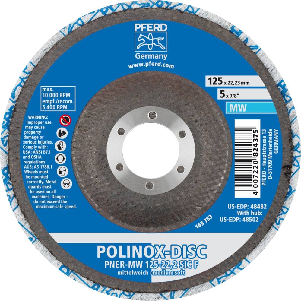 Eine Schleifscheibe mit der Aufschrift 'POLINOX-DISC PNER-MW 125-22,23 1CGF'. Für mittelweichen Einsatz, max. 13.500 U/min.