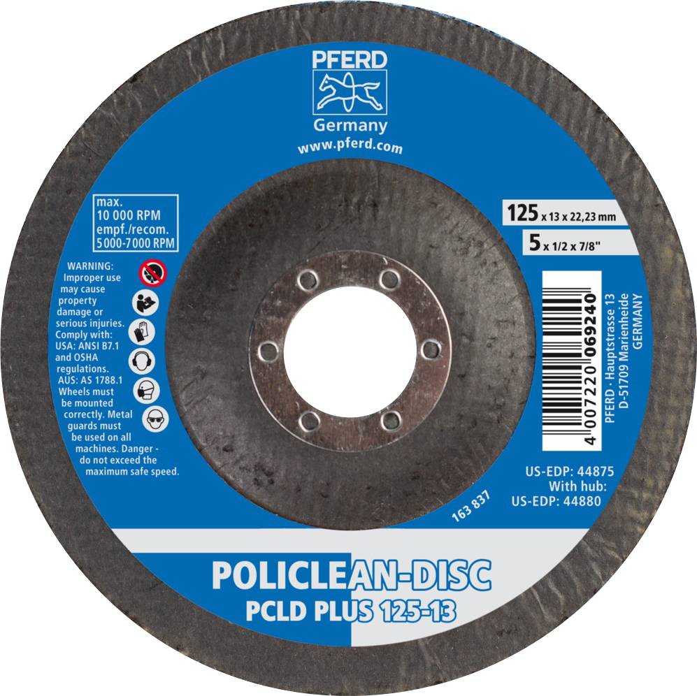 Schleifscheibe von PFERD für grobe Reinigung; Durchmesser 125 mm, max. 10.000 U/min, spezielle Warnhinweise auf der linken Seite.