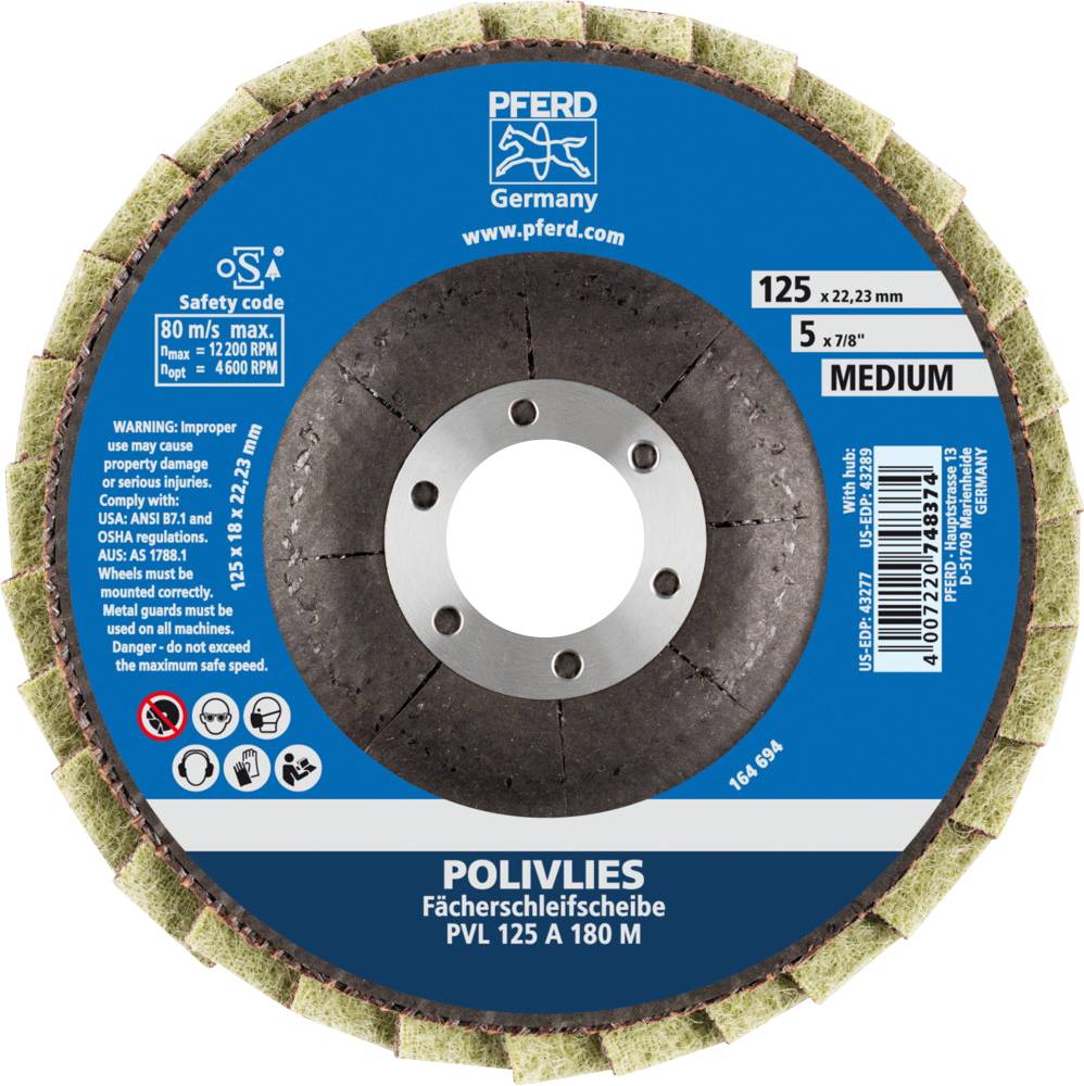 PFERD POLIVLIES Fächerschleifscheibe, Größe 125 x 22,23 mm, Medium Qualität. Geeignet für Maschinenschliff, max. 80 m/s.
