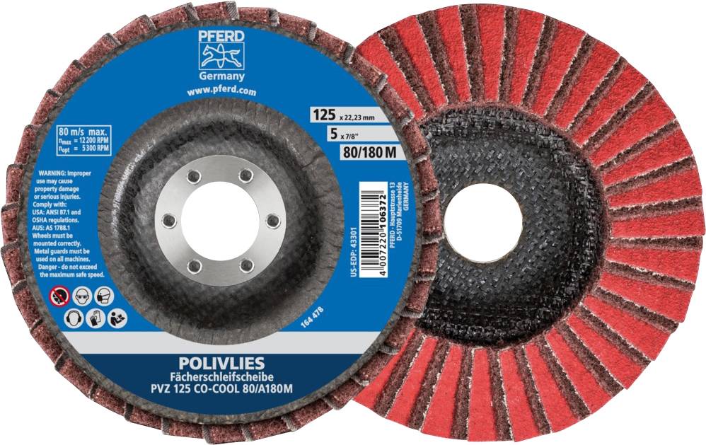 'Pferd Polivlies Fächerschleifscheibe' zeigt die Vorder- und Rückseite. Details zur Größe: 125 mm, max. 80 m/s, Körnung: 80/180.