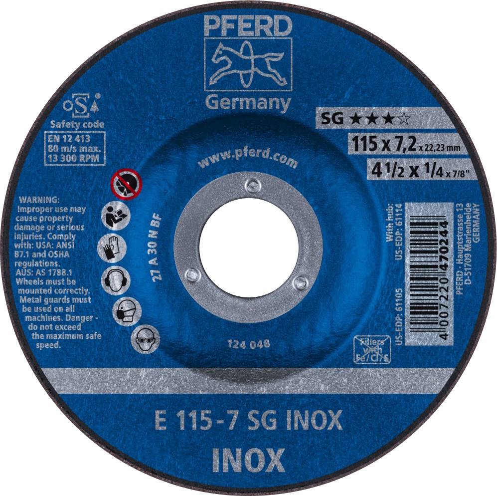 Schleifscheibe 'Pferd' mit 115 mm Durchmesser, geeignet für Stahl. Beschriftung: E 115-7 SG INOX, Drehzahl 13.300 U/min.