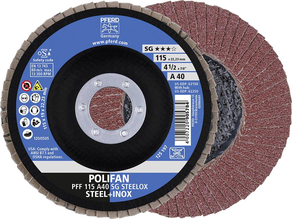 Schleifscheibe mit Aufschrift: 'POLIFAN PFF 115 A40 SG STEELOX'. Durchmesser 115 mm, geeignet für Stahl und Edelstahl.