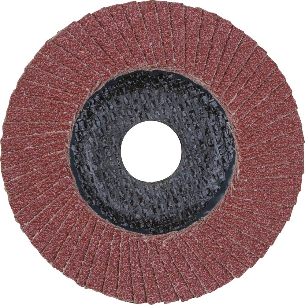 Schleifscheibe mit rotem Schleifpapier und schwarzer Mitte. Wird für das Schleifen von Oberflächen verwendet.