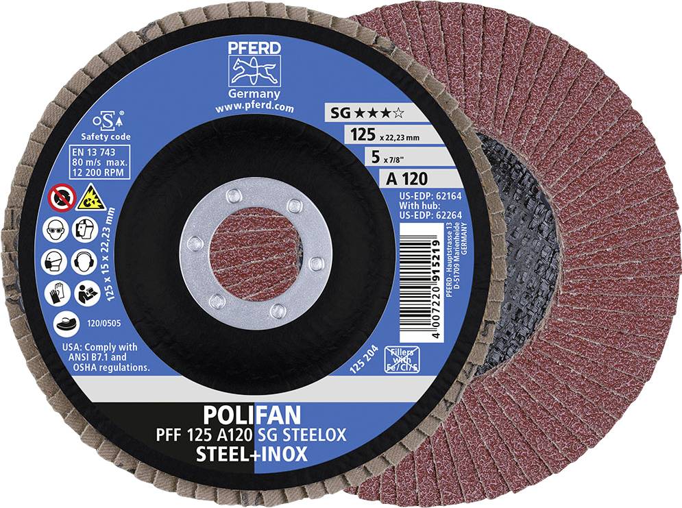 'PFERD Polifan' Schleifscheibe mit grünem und braunem Design, Code 'PFF 125 A120 SG STEELOX', geeignet für Stahl und Inox.