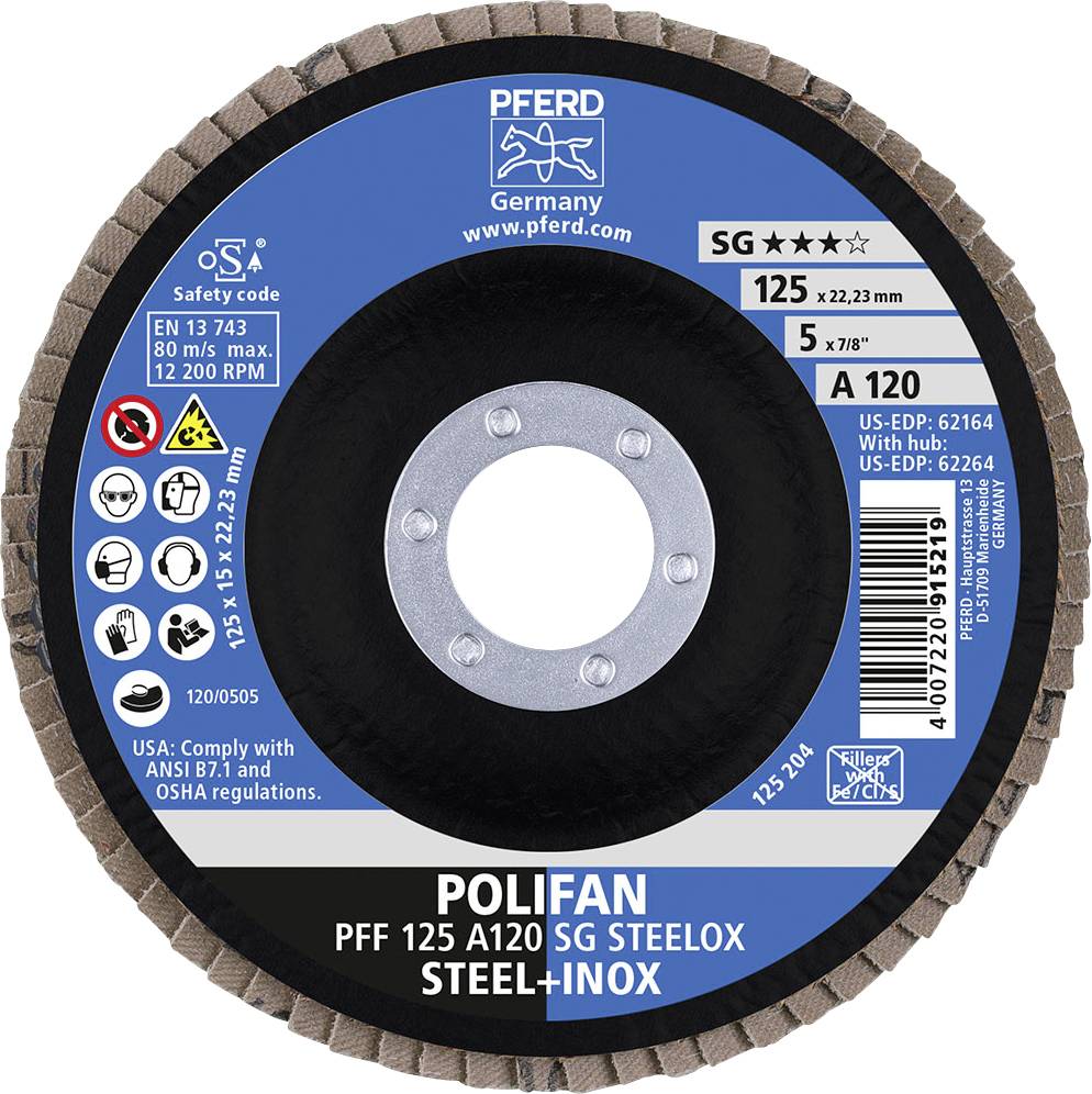 Schleifscheibe mit Aufschrift 'POLIFAN PFF 125 A120 SG STEELOX STEEL+INOX', Durchmesser 125mm, max. 12.000 U/min, Made in Germany.