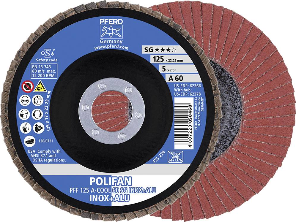 Schleifscheibe 'POLIFAN' von PFERD mit Spezifikationen: 125 mm Durchmesser, Korn 60, für Edelstahl/Aluminium, maximale Drehzahl 12.200 U/min.