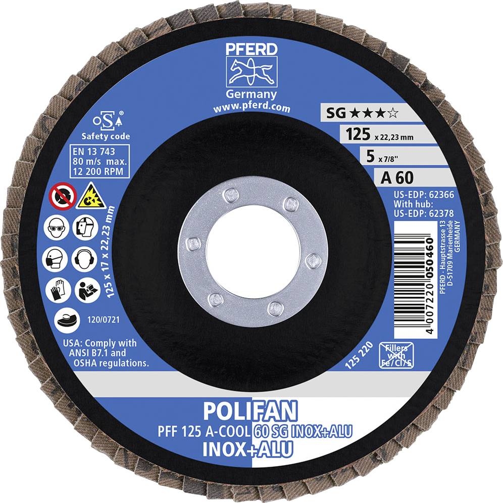 'Polifan-Schleifscheibe', PFERD-Marke, Durchmesser: 125 mm. Geeignet für Inox und Alu. Enthält Sicherheits- und Kompatibilitätsinformationen.