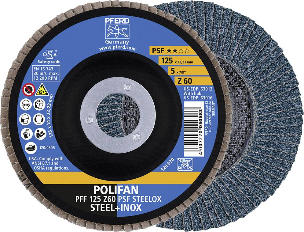 Schleifscheibe Polifan PFF 125 Z60 PSF Steelox, geeignet für Stahl-Inox, 125 mm Durchmesser, Hersteller: Pferd, Made in Germany.
