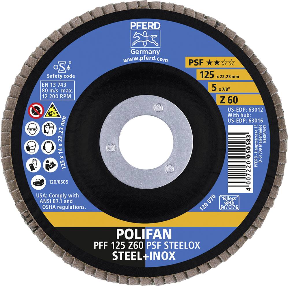 Schleifscheibe 'Polifan', Modell PFF 125 Z60 PSF Steelox, 125 mm Durchmesser, geeignet für Stahl und Inox, Drehzahl bis 12.200 U/min.