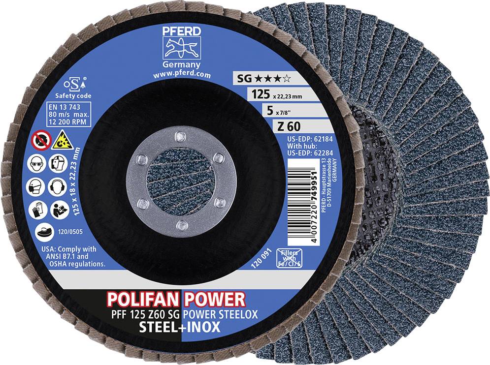 Schleifmopteller 'POLIFAN POWER' für Stahl und Inox, 125 mm Durchmesser, Z60 Körnung, max. 12.200 U/min, PFERD Germany.