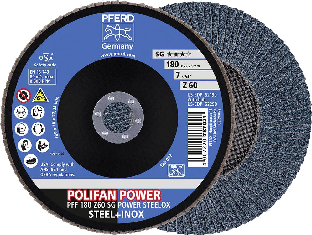 Schleifscheibe mit blauer Körnung und Etikett. Marke: PFERD, Typ: POLIFAN POWER, Durchmesser: 180 mm, Körnung: Z60, für Stahl und Inox.