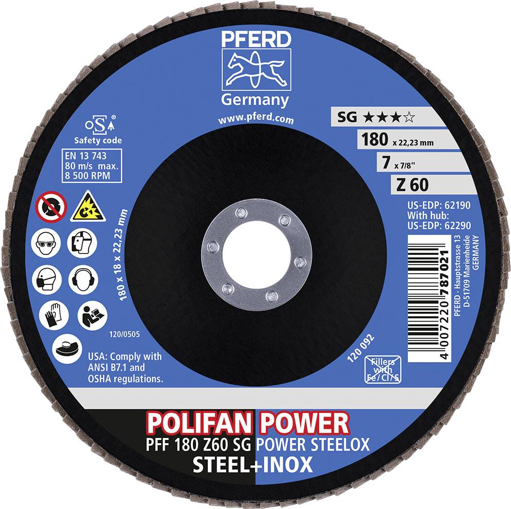 Schleifscheibe mit Aufschrift 'POLIFAN POWER' für Stahl und Inox, Ø 180 mm, max. 8.500 U/min. Sicherheitscode, Norm- und Seriennummern sichtbar.